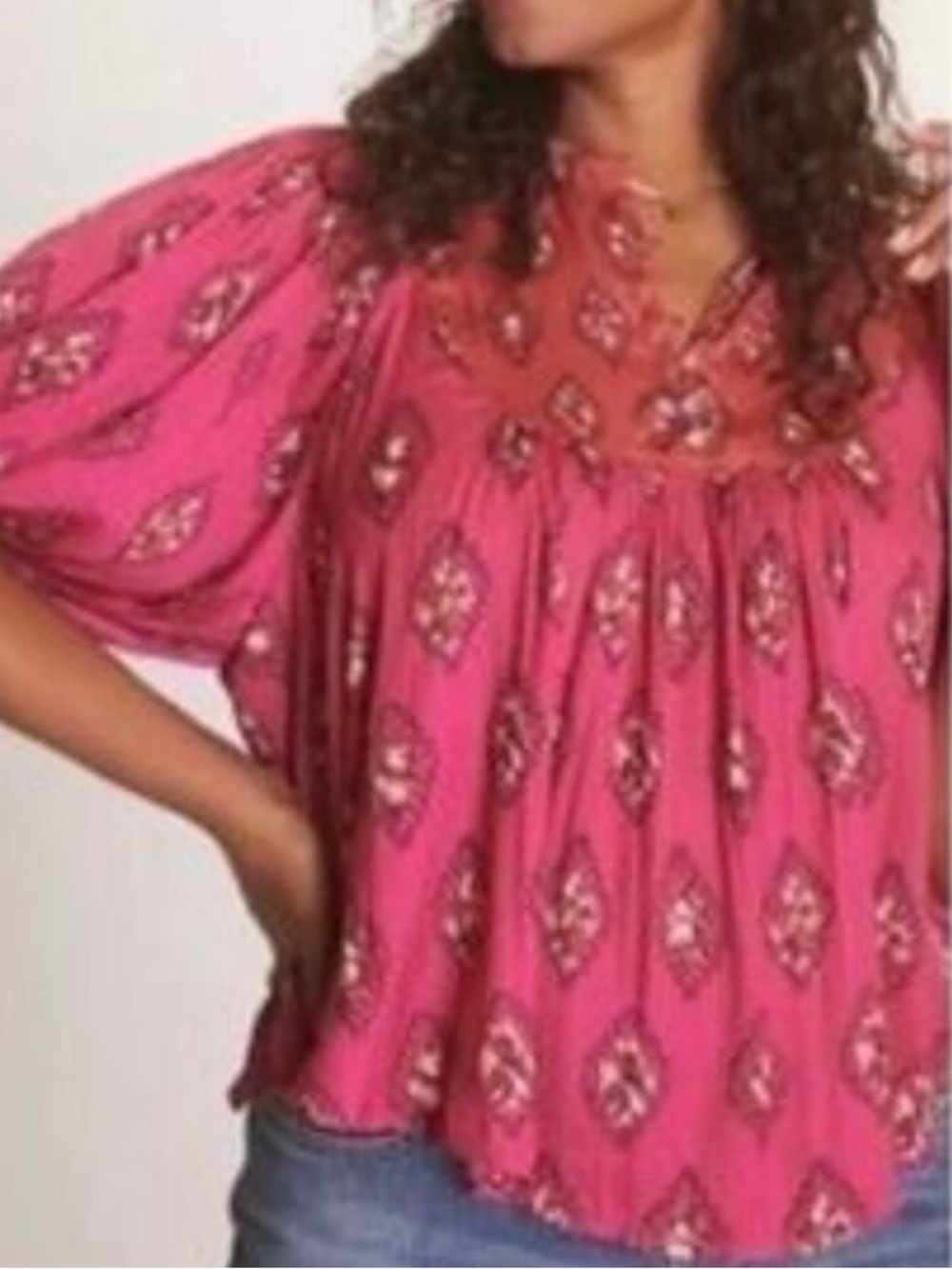Anthropologie Fuchsia Printed Puff-Sleeve Tunic size extra large